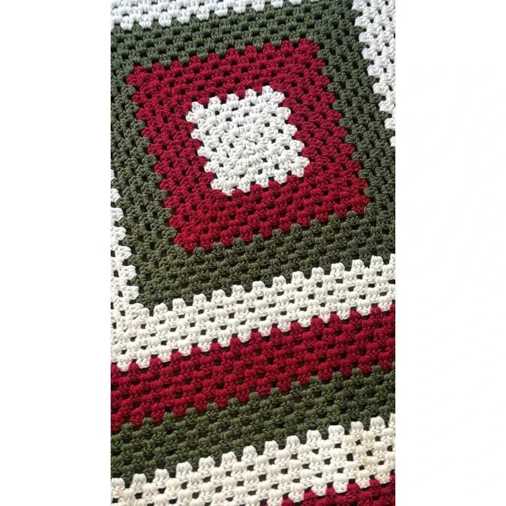 Handmade Crochet Granny Square Throw Blanket Green Red White Afghan 54x54